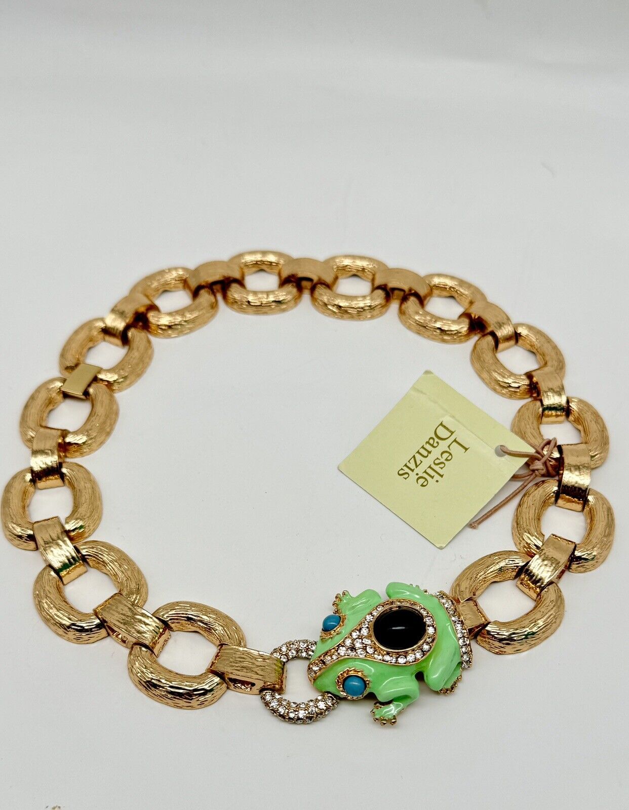 Vintage NWT Leslie Danzig Frog Necklace Goldtone Enameled Rhinestone Collar