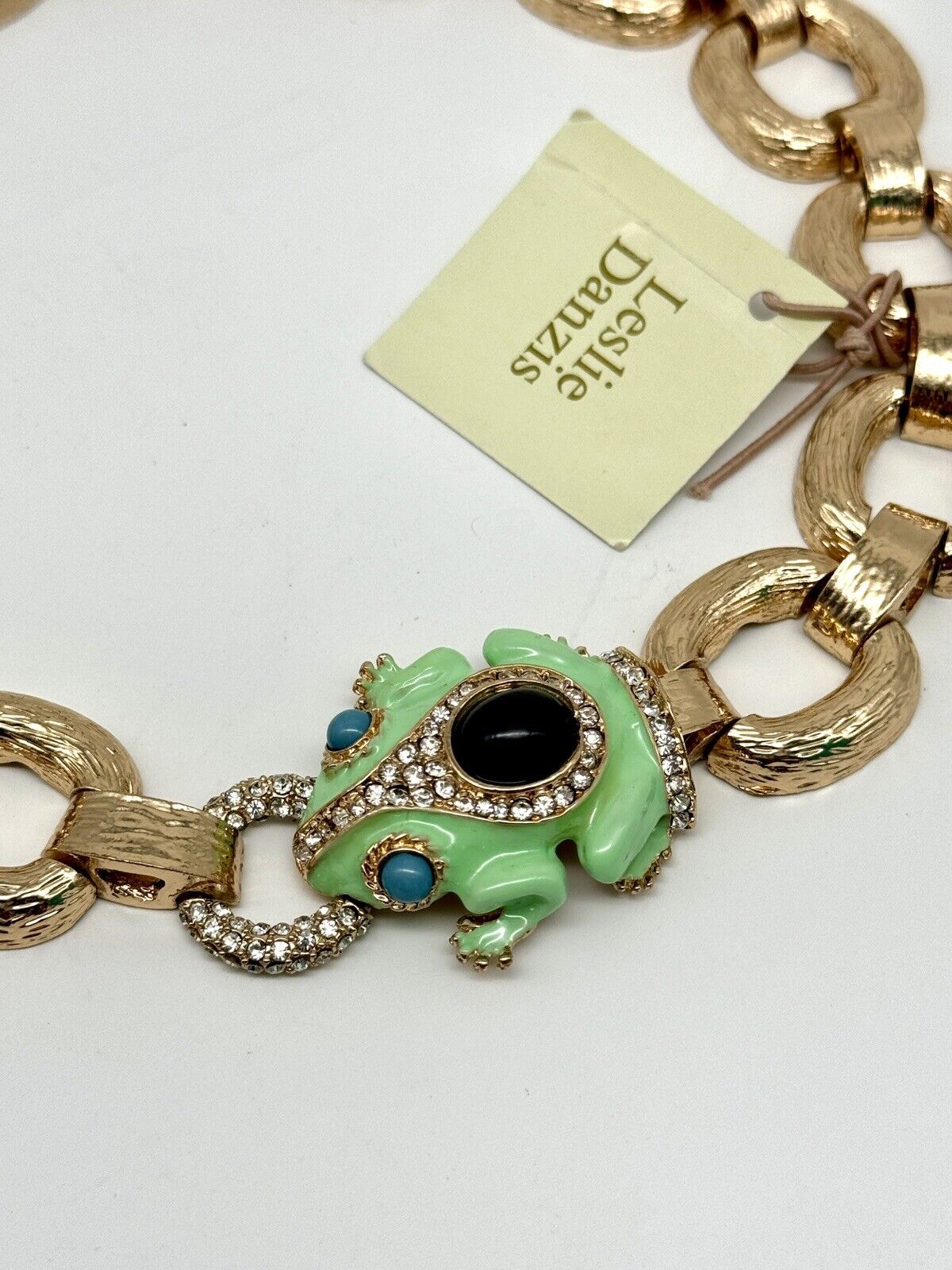 Vintage NWT Leslie Danzig Frog Necklace Goldtone Enameled Rhinestone Collar