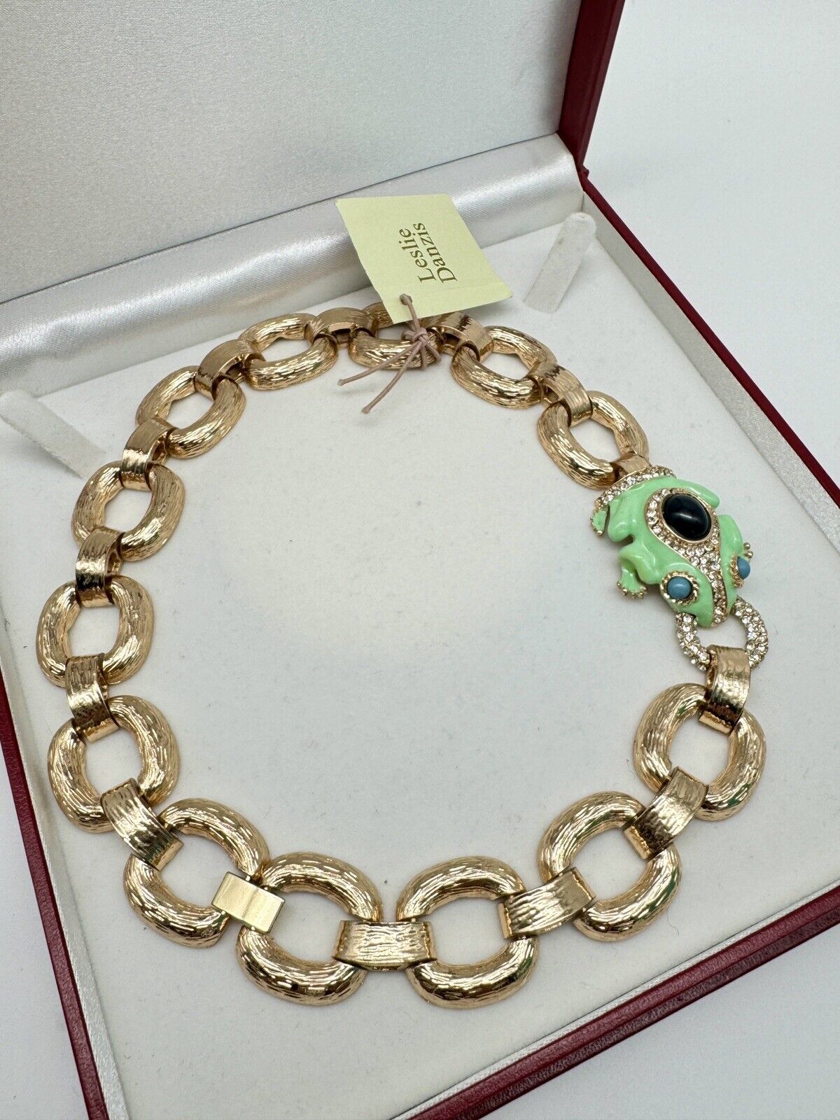 Vintage NWT Leslie Danzig Frog Necklace Goldtone Enameled Rhinestone Collar