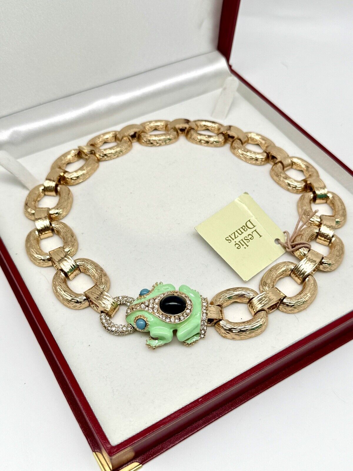 Vintage NWT Leslie Danzig Frog Necklace Goldtone Enameled Rhinestone Collar