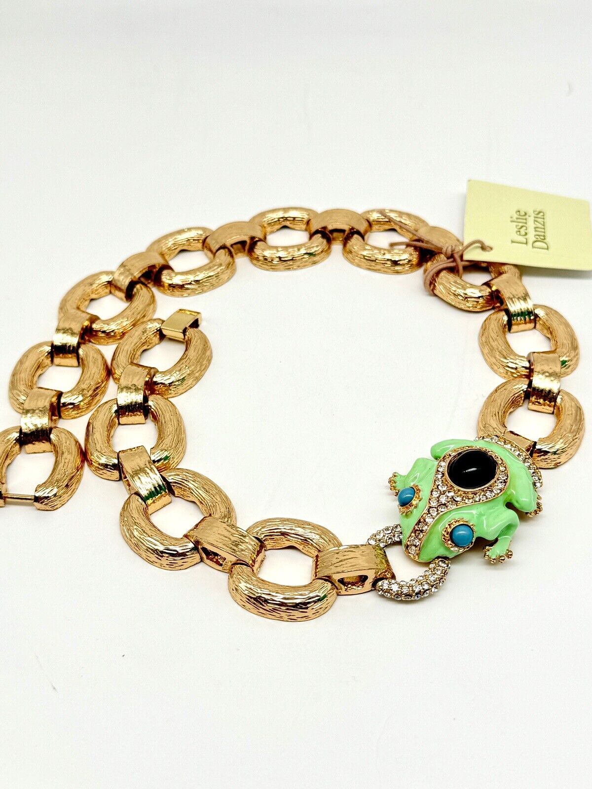 Vintage NWT Leslie Danzig Frog Necklace Goldtone Enameled Rhinestone Collar