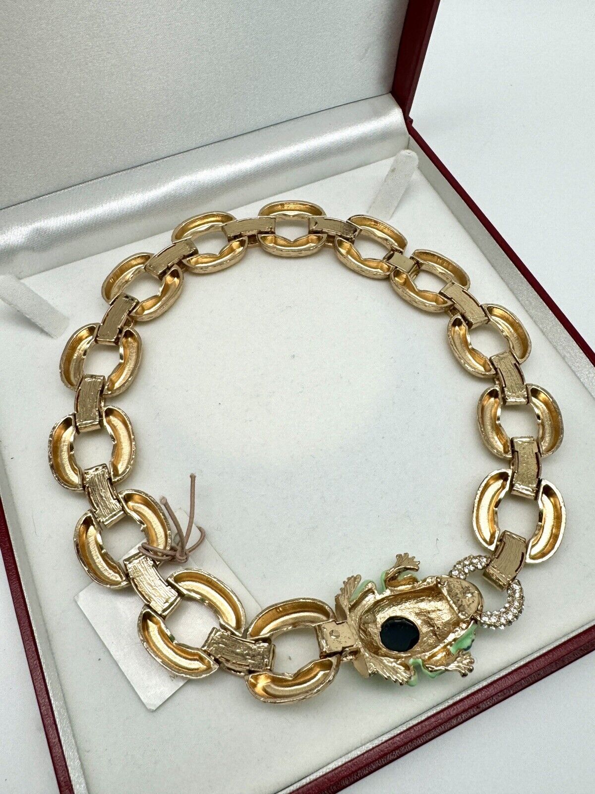 Vintage NWT Leslie Danzig Frog Necklace Goldtone Enameled Rhinestone Collar