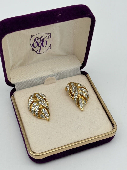 Vintage Austrian Crystal Leaf Earrings Goldtone With Velvet Box