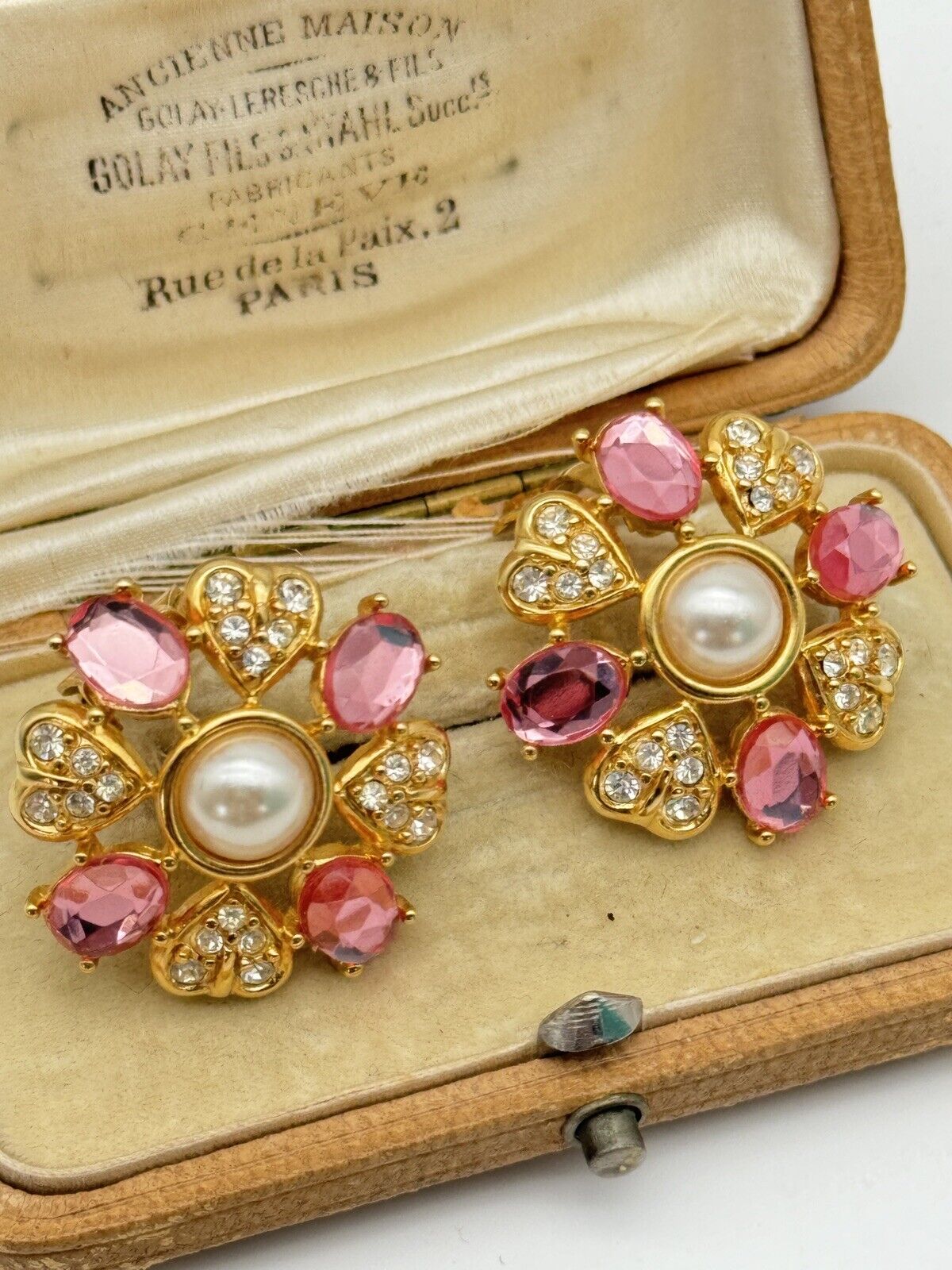 Vintage SIGNED Deidre Hall Pink Rhinestone Earrings Hearts Goldtone Faux Pearl