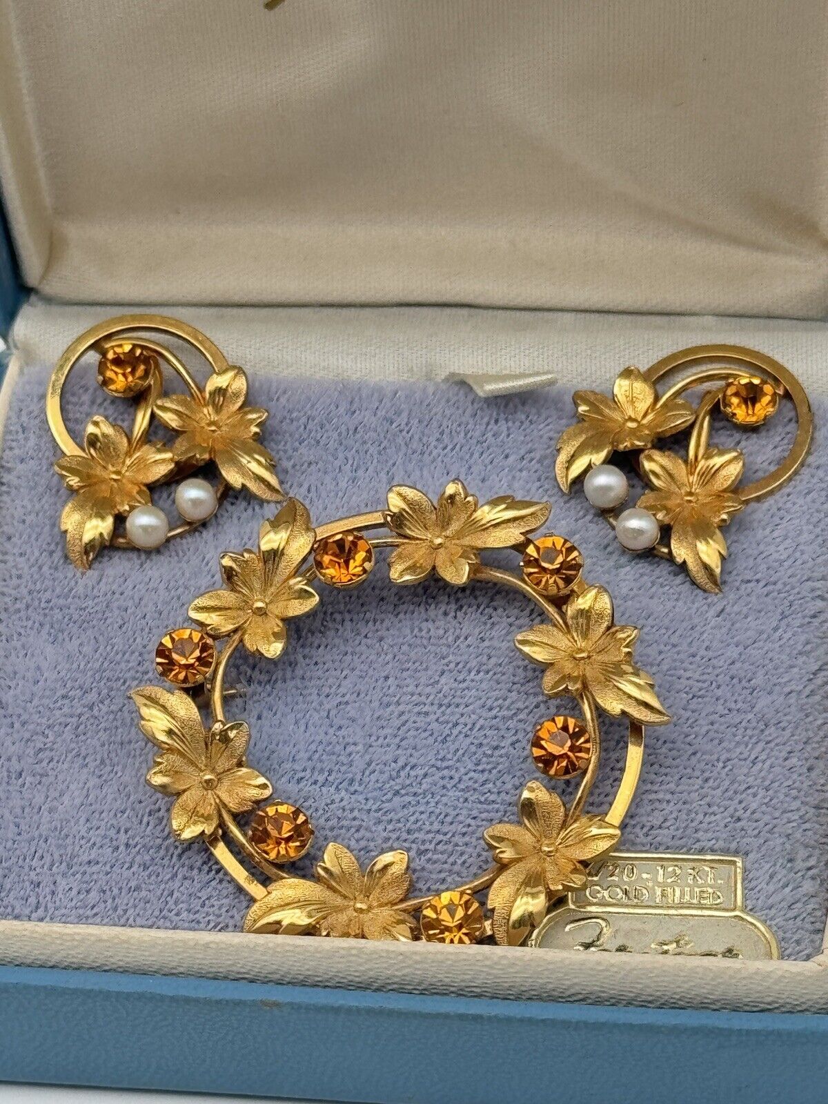 Vintage Gold Filled Brooch & Earring Set Signed FORSTNER in Original Box LEAF &