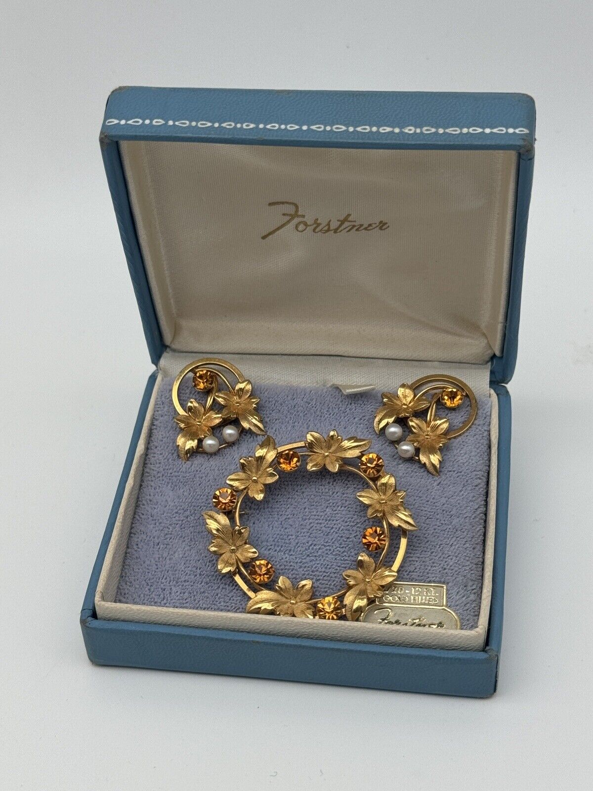 Vintage Gold Filled Brooch & Earring Set Signed FORSTNER in Original Box LEAF &