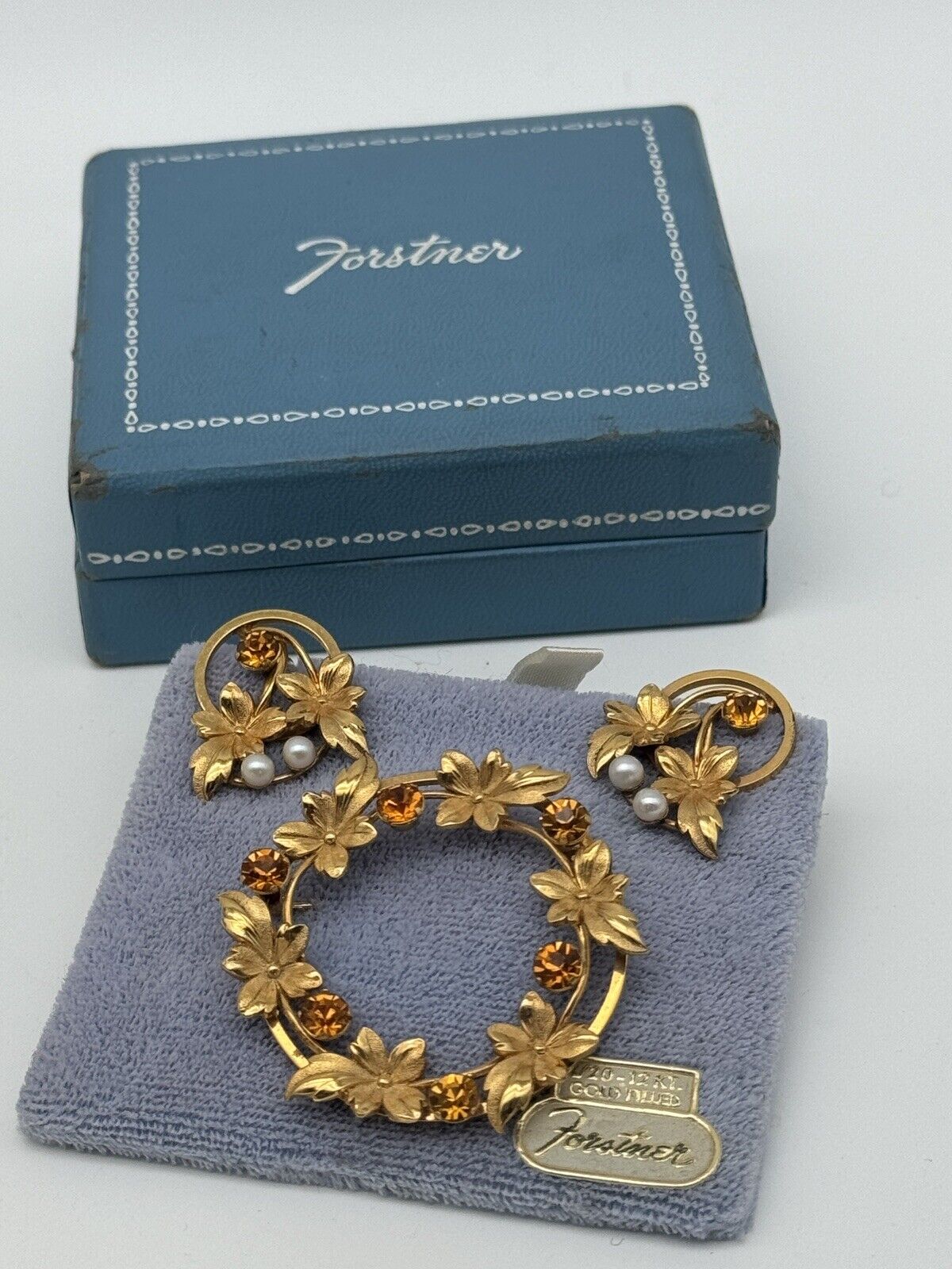 Vintage Gold Filled Brooch & Earring Set Signed FORSTNER in Original Box LEAF &