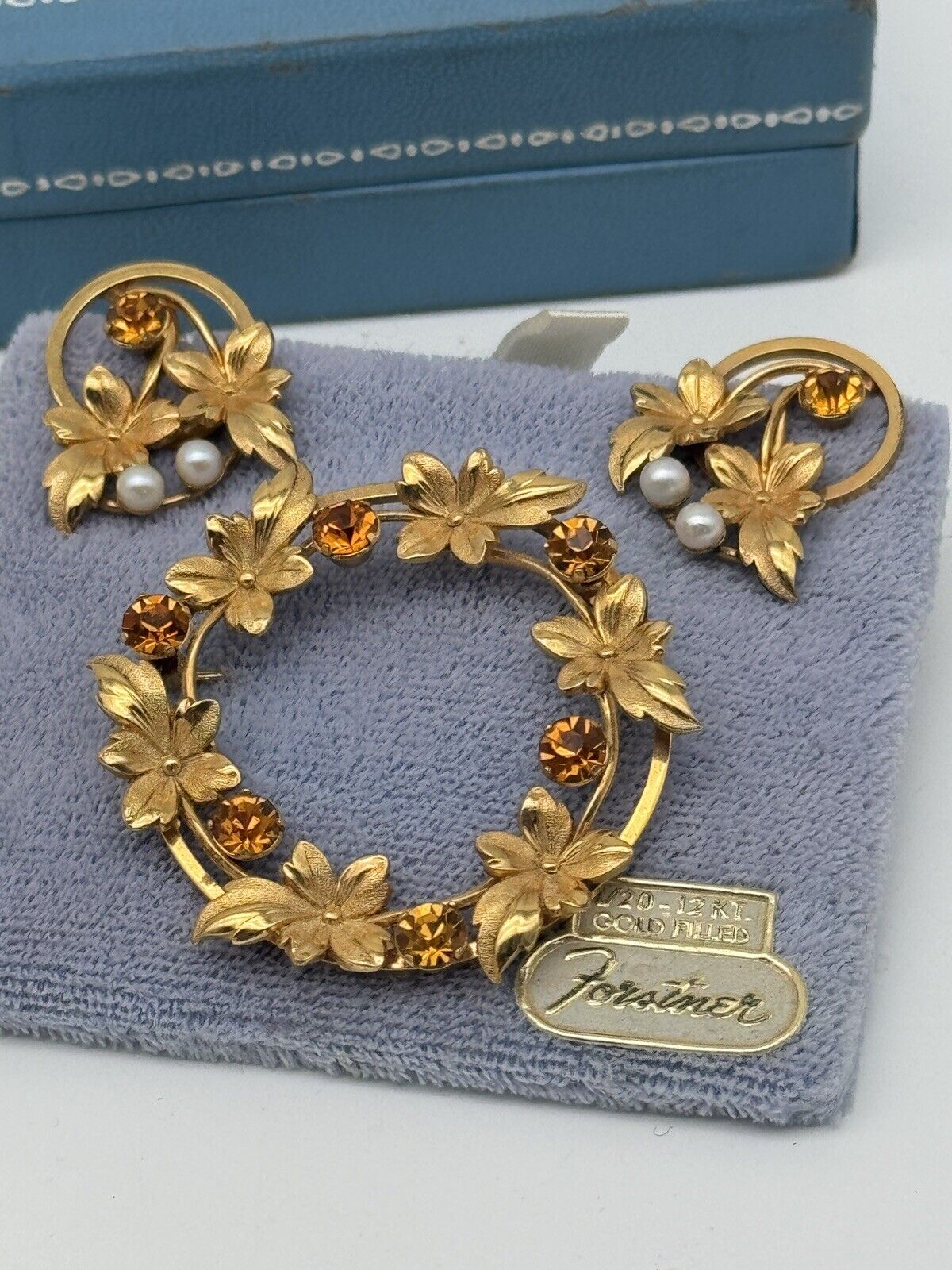 Vintage Gold Filled Brooch & Earring Set Signed FORSTNER in Original Box LEAF &