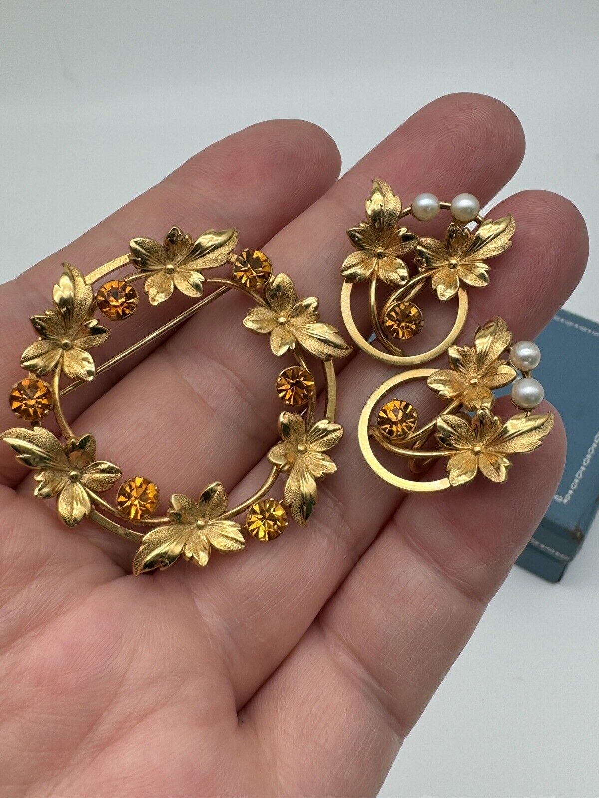 Vintage Gold Filled Brooch & Earring Set Signed FORSTNER in Original Box LEAF &