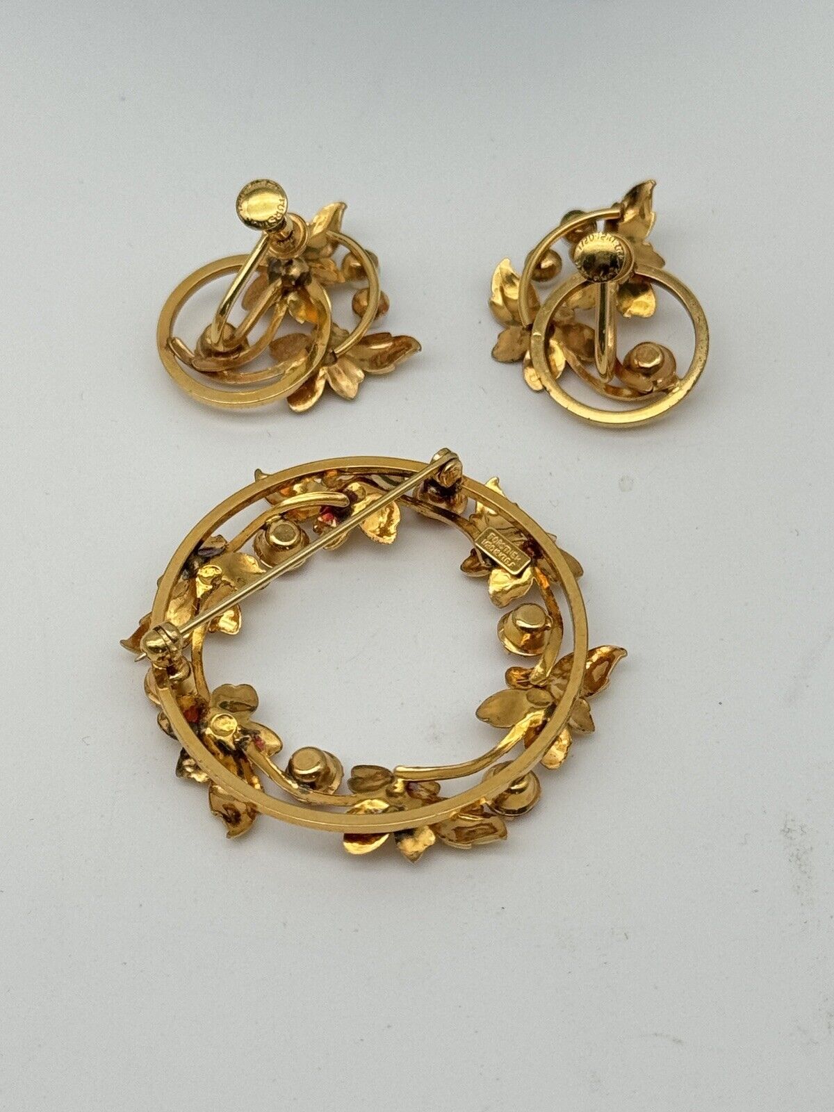 Vintage Gold Filled Brooch & Earring Set Signed FORSTNER in Original Box LEAF &