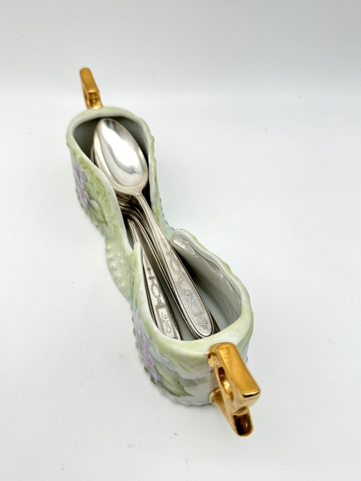 VINTAGE Hand Painted Floral Porcelain Spoon Holder Gold Violet Green