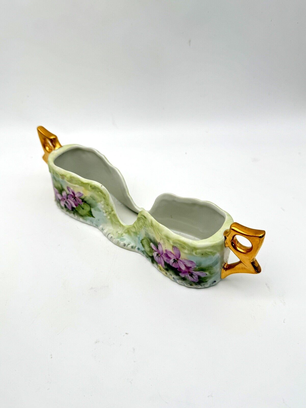 VINTAGE Hand Painted Floral Porcelain Spoon Holder Gold Violet Green