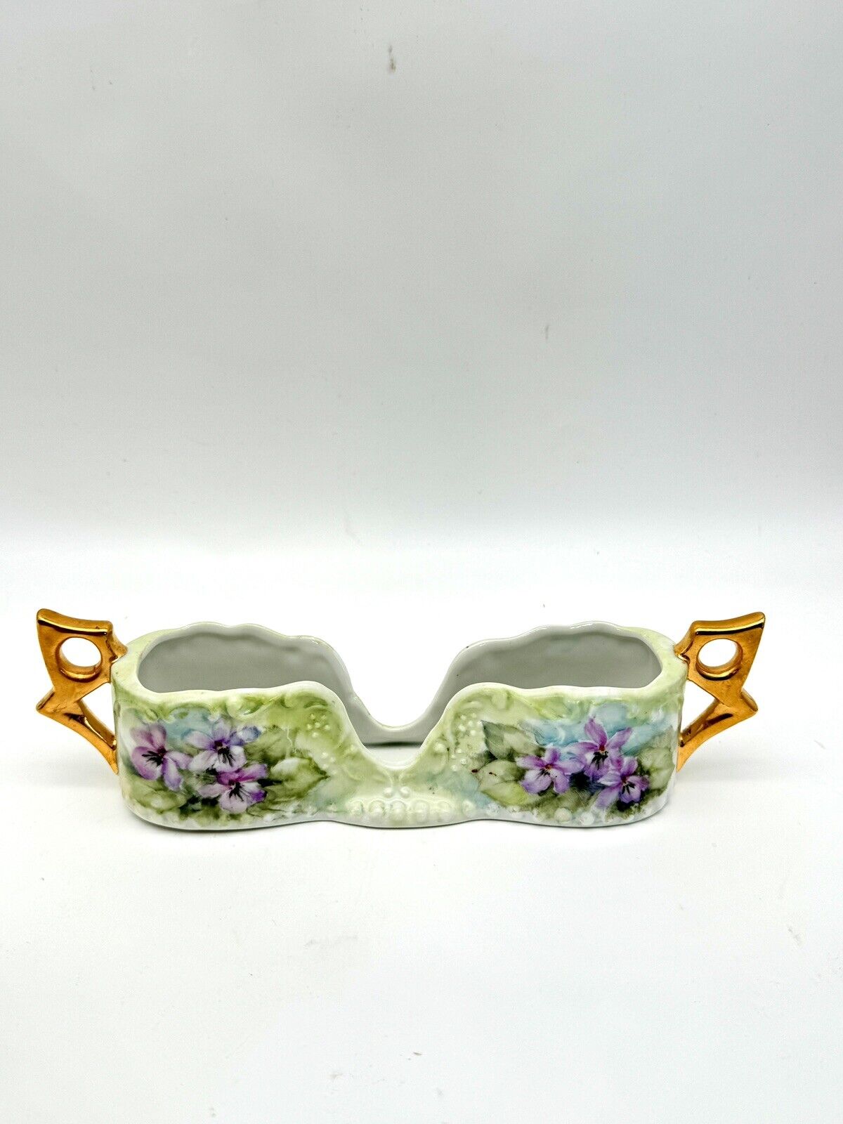 VINTAGE Hand Painted Floral Porcelain Spoon Holder Gold Violet Green