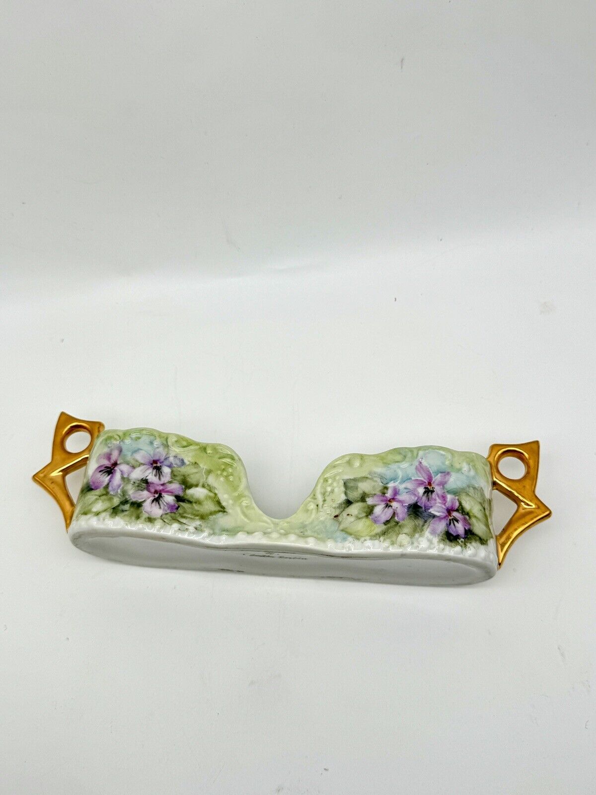 VINTAGE Hand Painted Floral Porcelain Spoon Holder Gold Violet Green