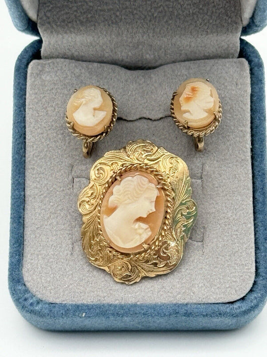 Vintage Cameo Jewelry Set Carved Shell Earrings Brooch Victorian Style Goldtone