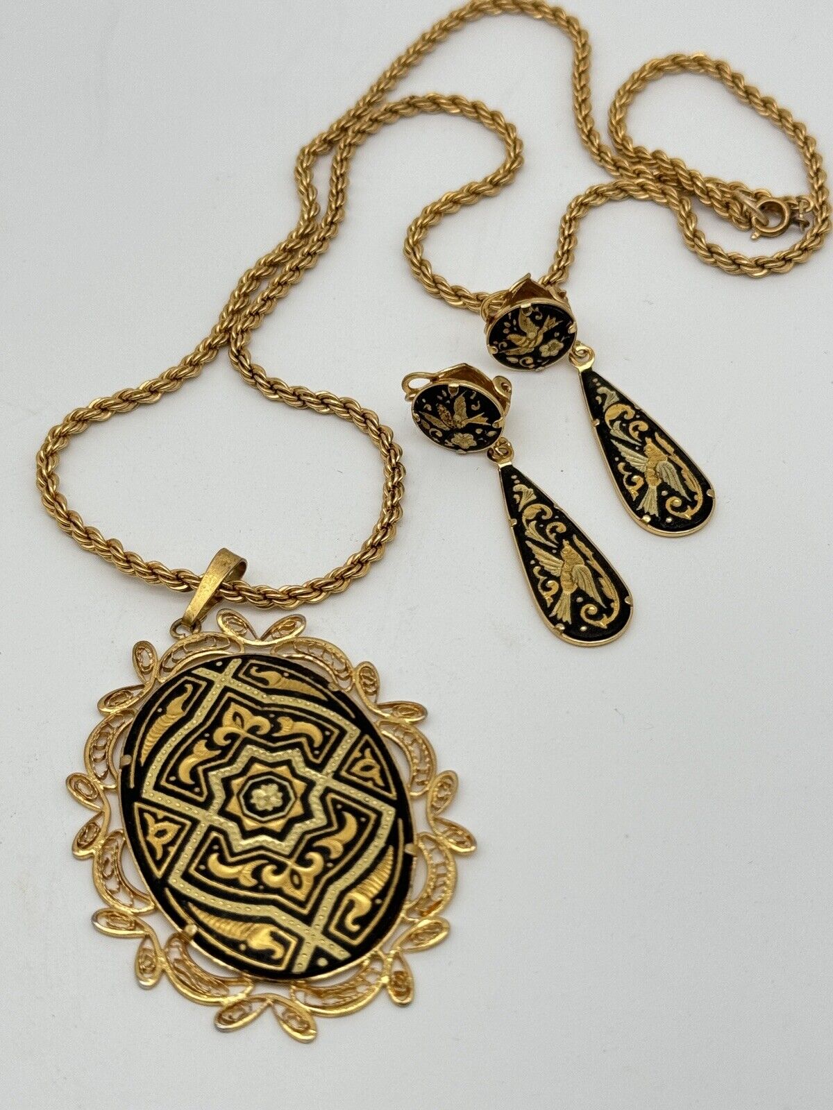 Vintage Damascene Jewelry Set Necklace Pendant Dangler Earrings