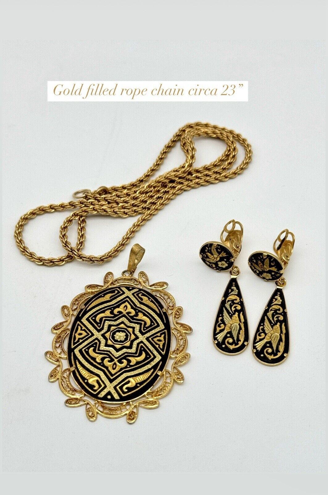 Vintage Damascene Jewelry Set Necklace Pendant Dangler Earrings