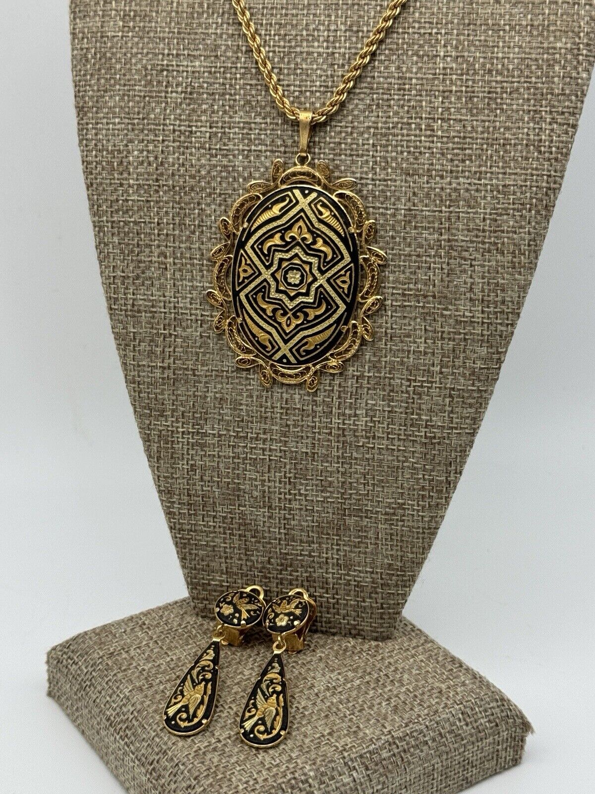 Vintage Damascene Jewelry Set Necklace Pendant Dangler Earrings