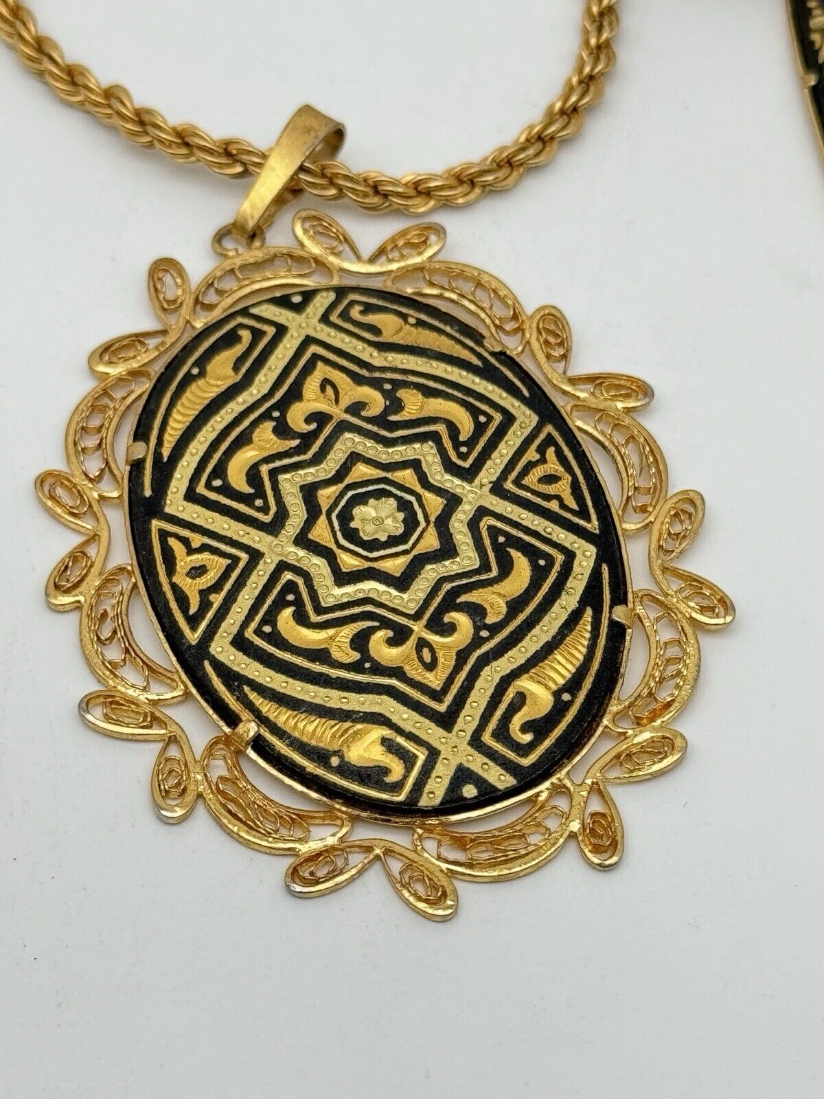 Vintage Damascene Jewelry Set Necklace Pendant Dangler Earrings