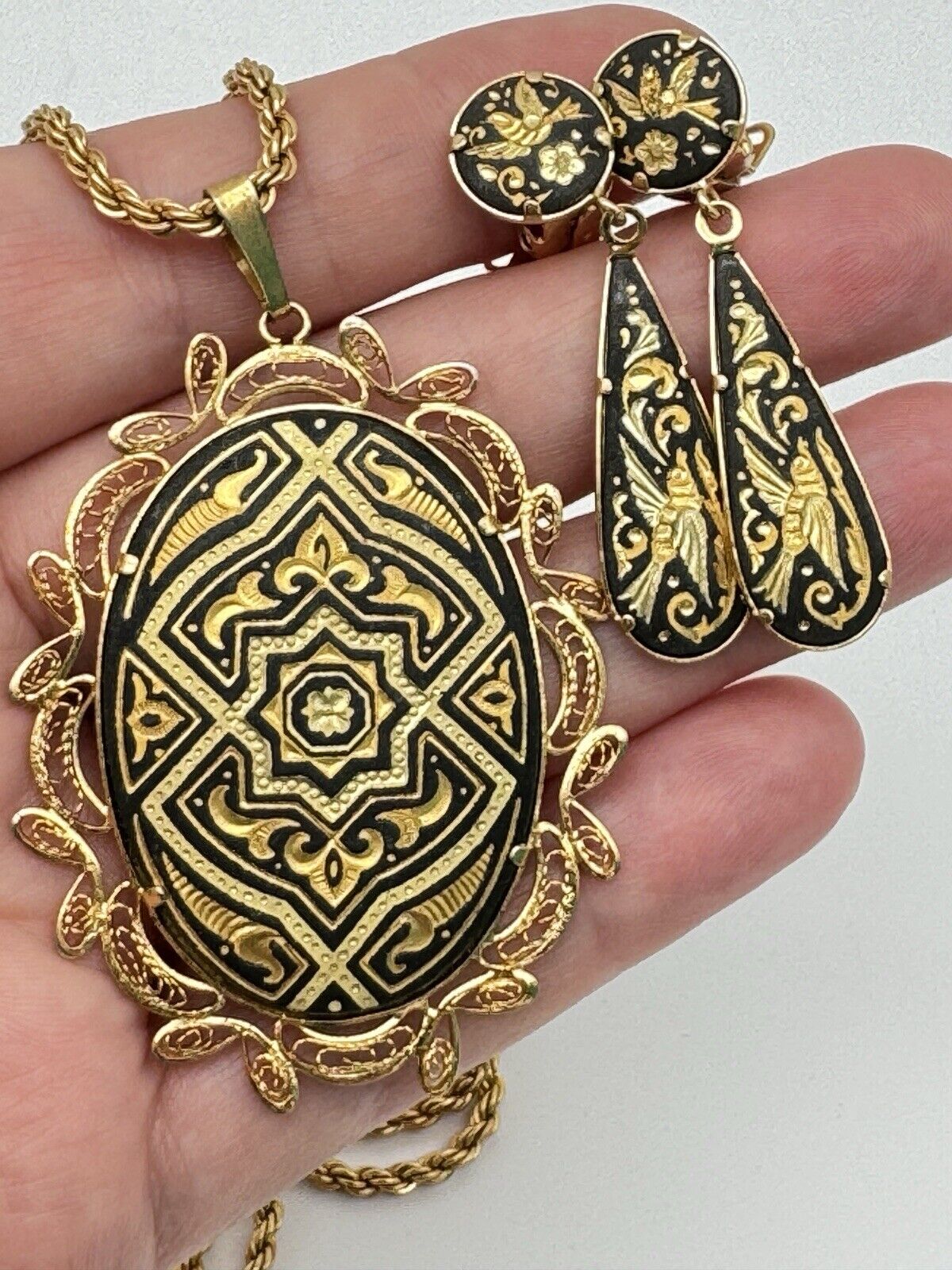 Vintage Damascene Jewelry Set Necklace Pendant Dangler Earrings