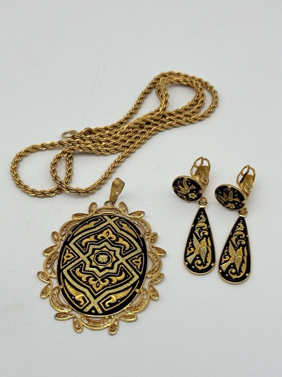 Vintage Damascene Jewelry Set Necklace Pendant Dangler Earrings