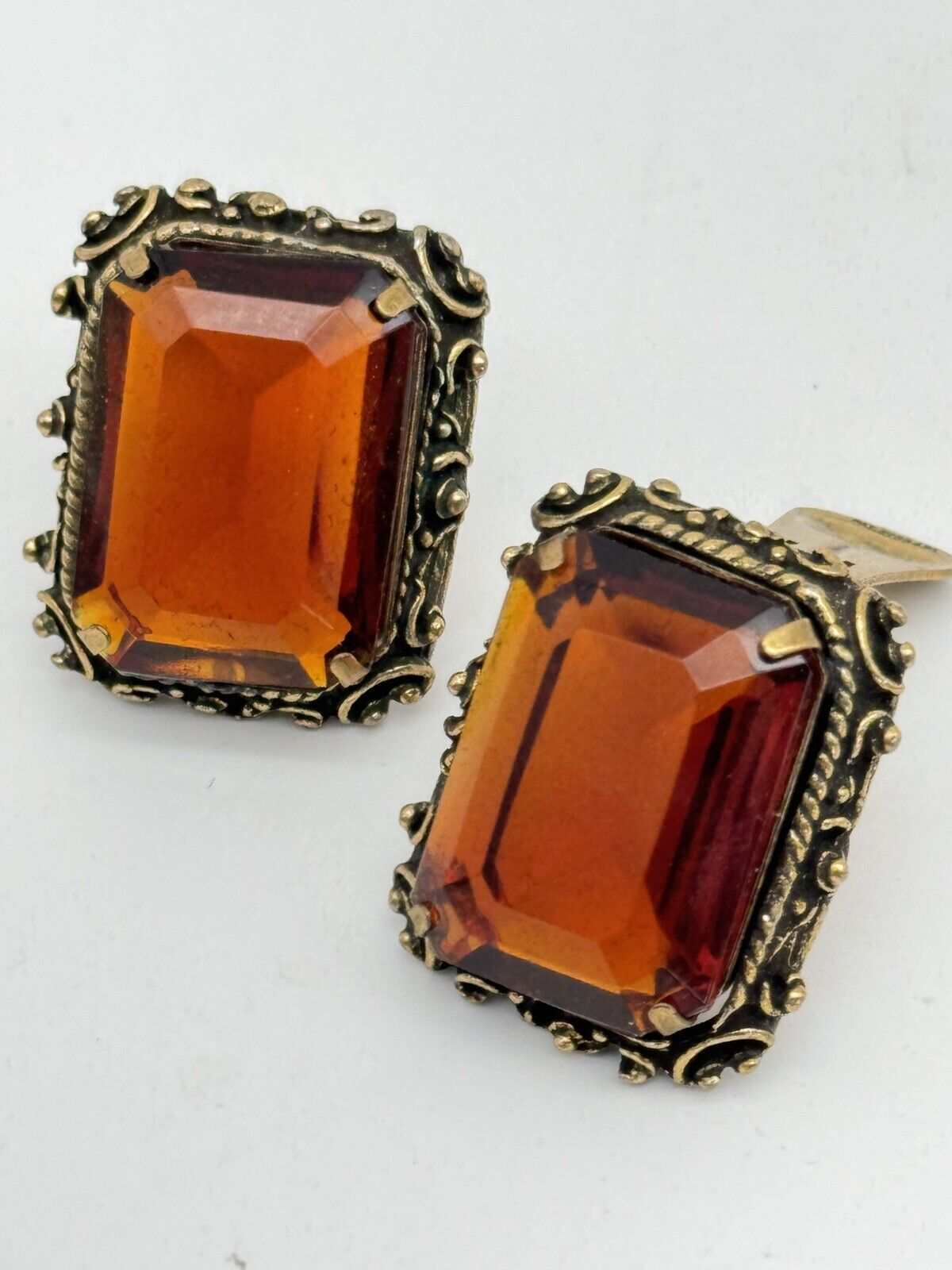 Vintage  VICTORIAN Revival Earrings Large Ambertone Rhinestone 1955 Patented