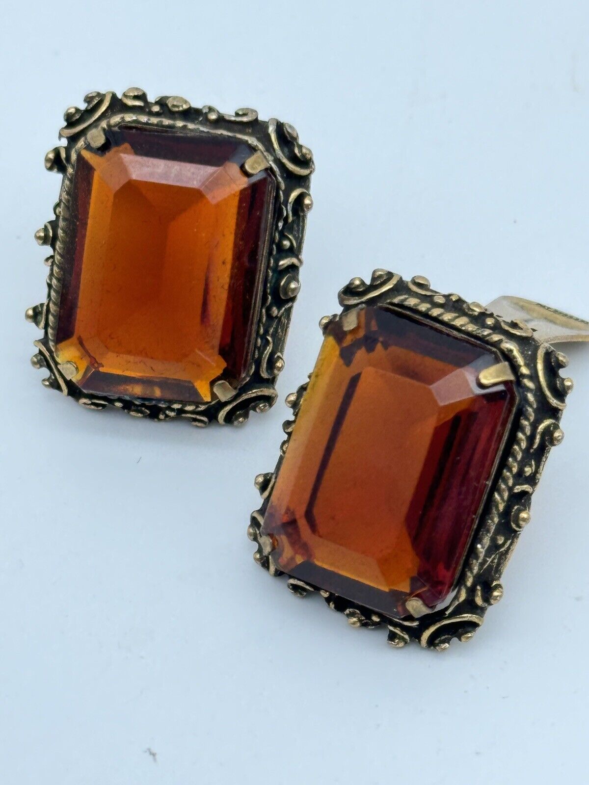 Vintage  VICTORIAN Revival Earrings Large Ambertone Rhinestone 1955 Patented