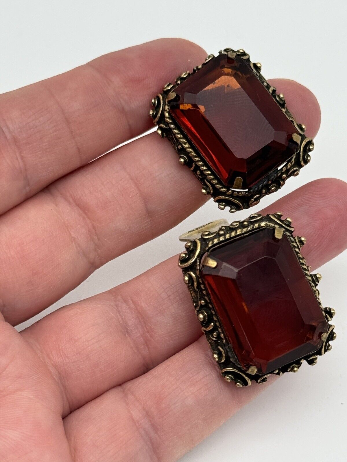 Vintage  VICTORIAN Revival Earrings Large Ambertone Rhinestone 1955 Patented