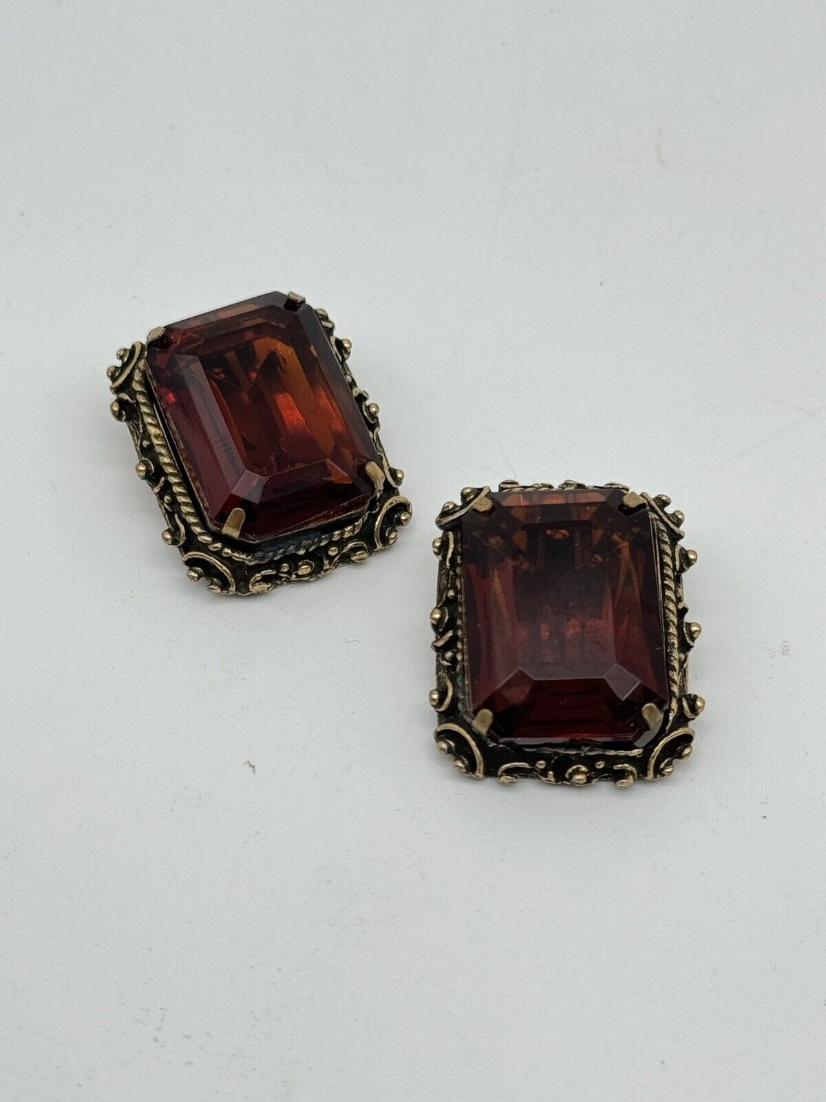 Vintage  VICTORIAN Revival Earrings Large Ambertone Rhinestone 1955 Patented