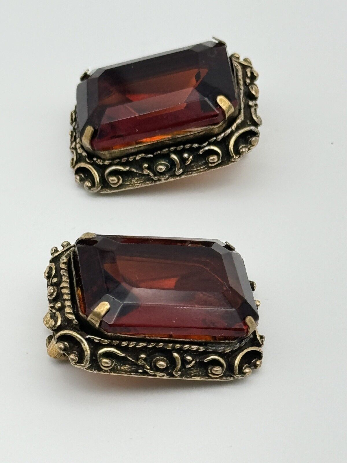 Vintage  VICTORIAN Revival Earrings Large Ambertone Rhinestone 1955 Patented