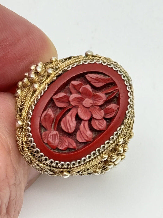 Vintage SILVER Carved Cinnabar  Ring Delicate Filigree Gold Vermeil 8.5 Sizeable