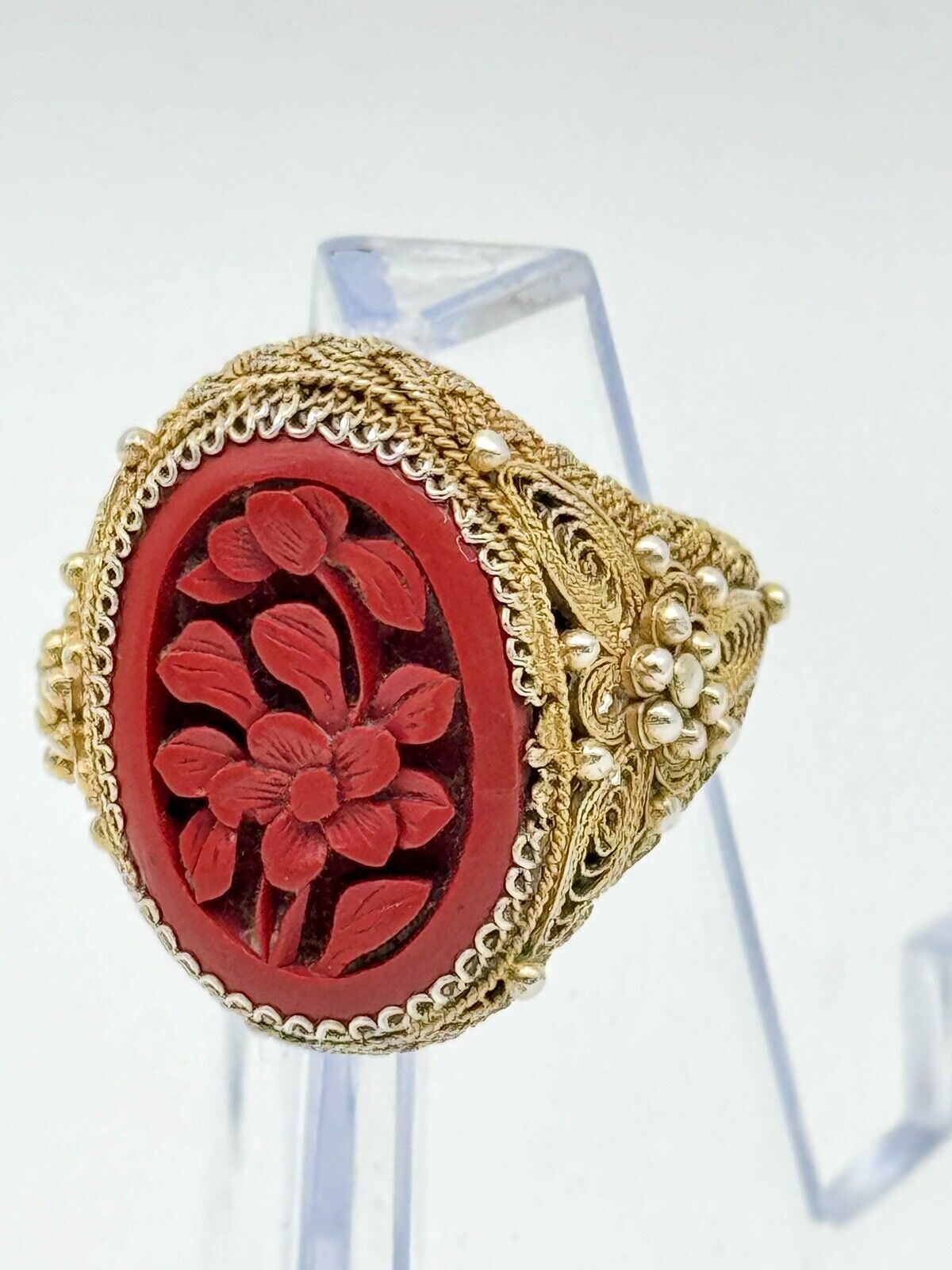 Vintage SILVER Carved Cinnabar  Ring Delicate Filigree Gold Vermeil 8.5 Sizeable