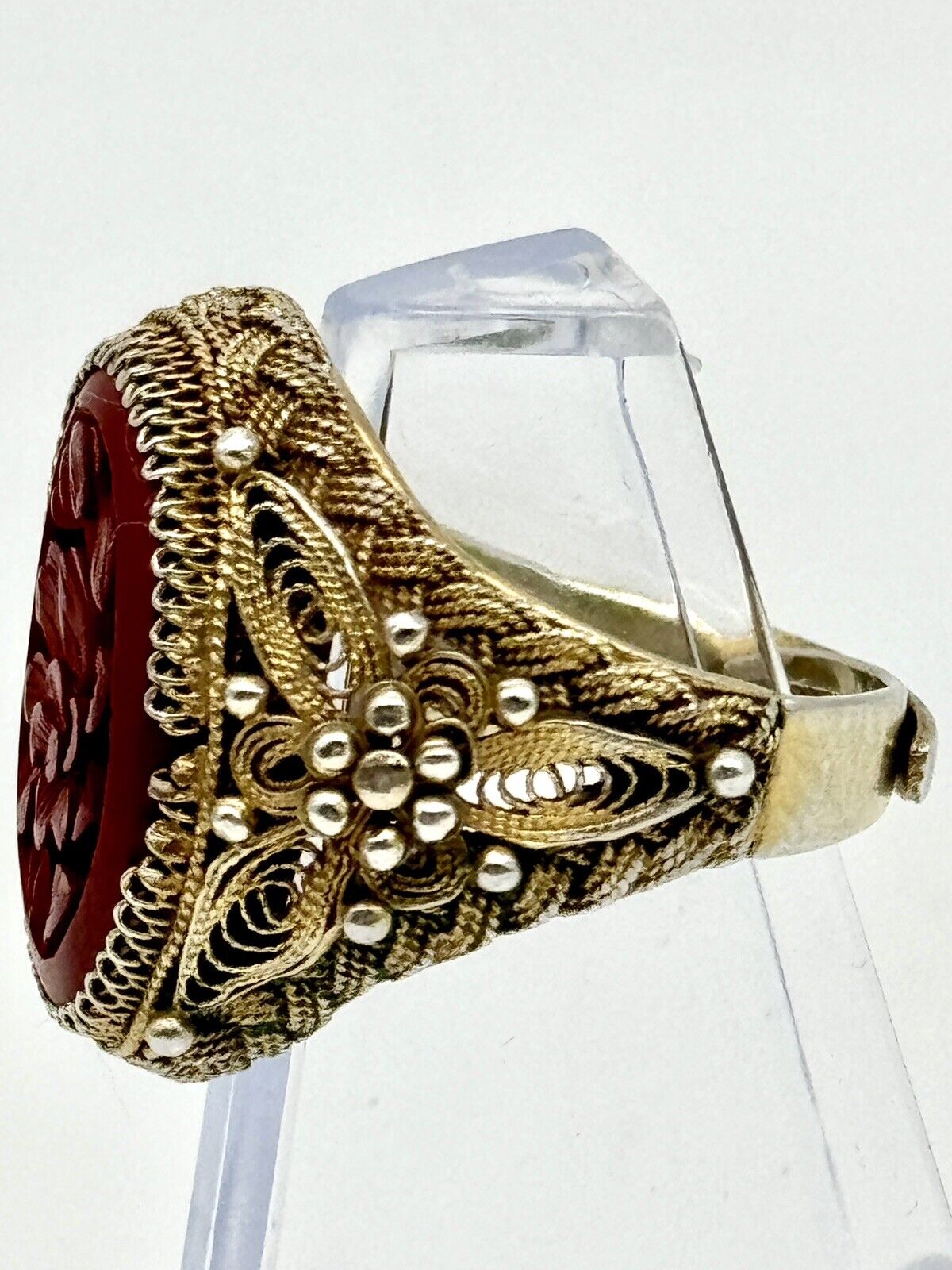 Vintage SILVER Carved Cinnabar  Ring Delicate Filigree Gold Vermeil 8.5 Sizeable