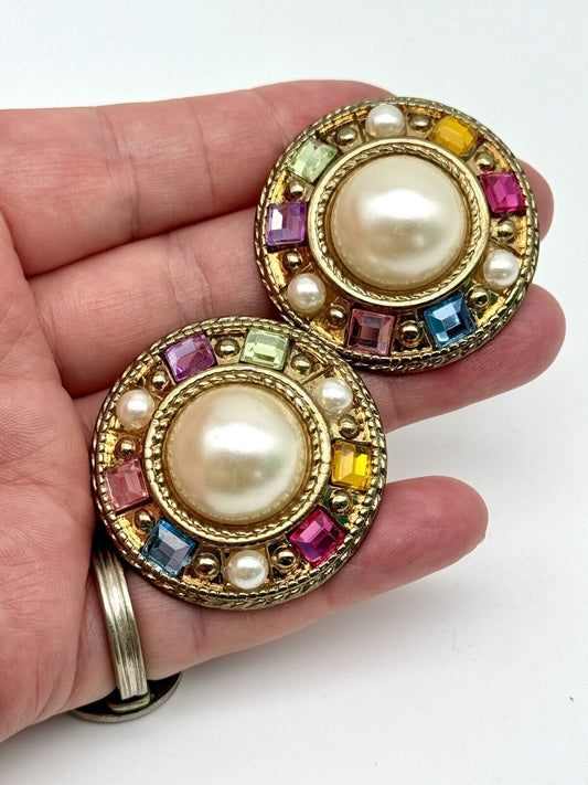 Vintage 80s Earrings Estate Jewelry Faux Pearl Multicolor Lucite