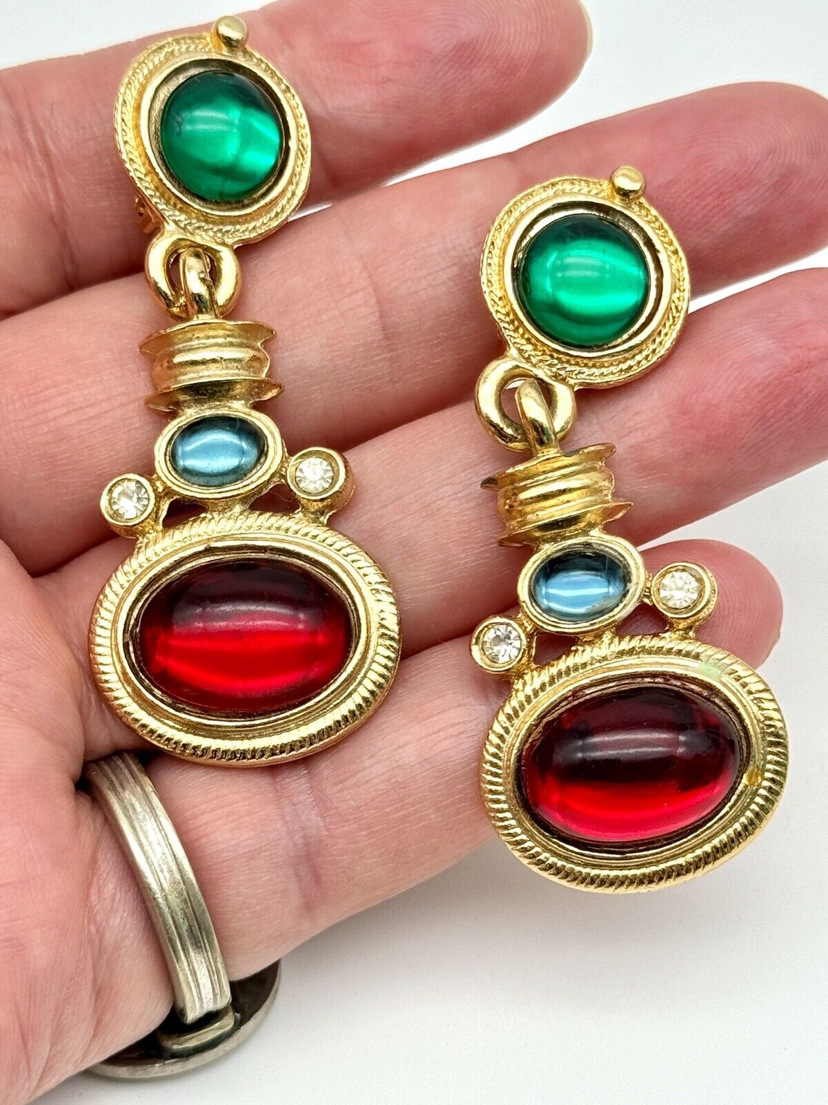 Vintage 80s Earrings Dangle Drop Goldtone Cabochon Rhinestone Green Red Blue