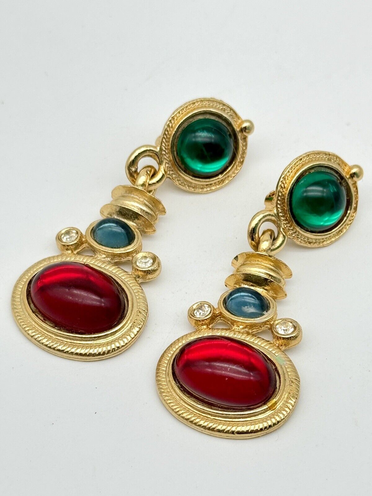 Vintage 80s Earrings Dangle Drop Goldtone Cabochon Rhinestone Green Red Blue