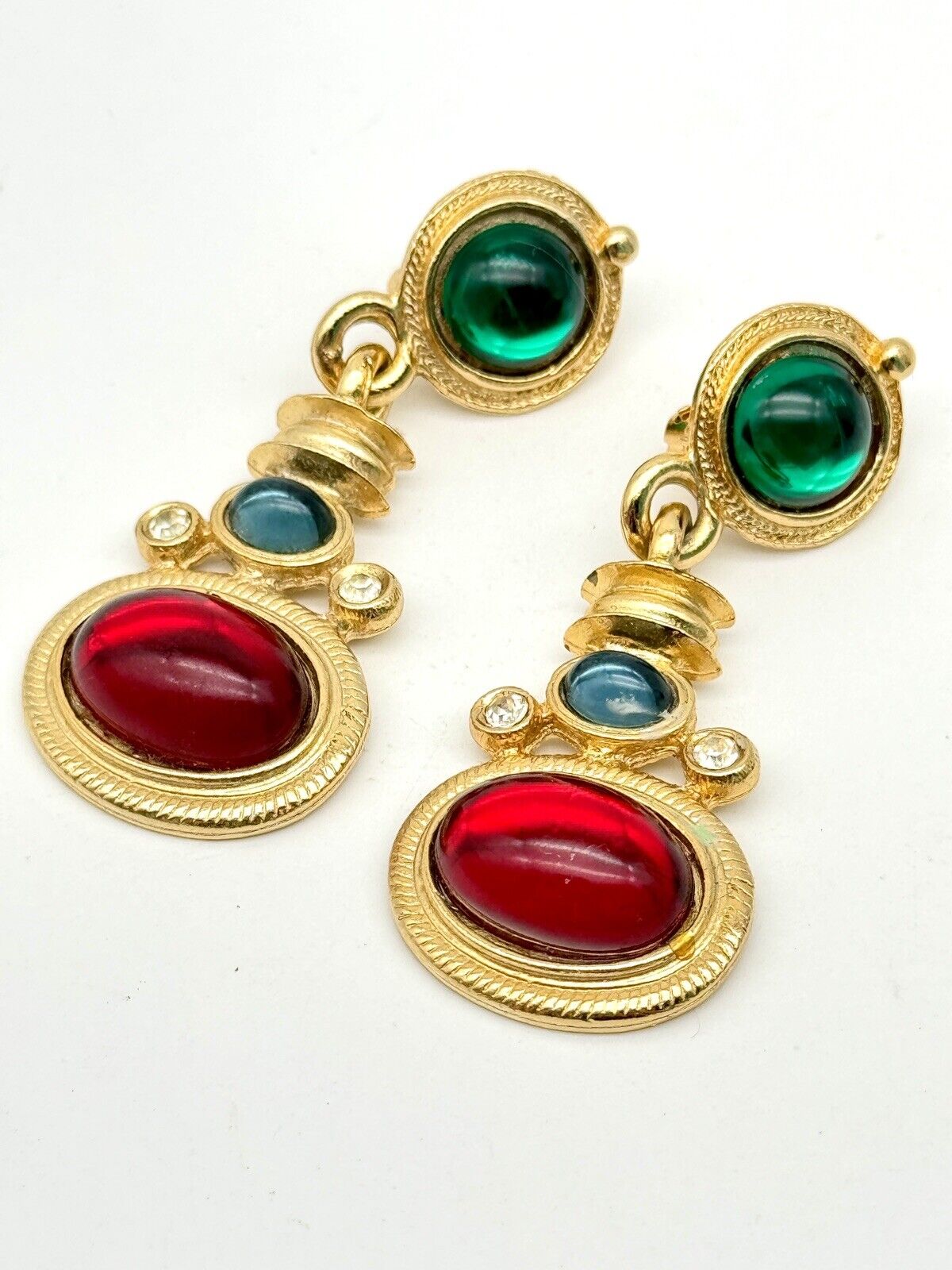 Vintage 80s Earrings Dangle Drop Goldtone Cabochon Rhinestone Green Red Blue