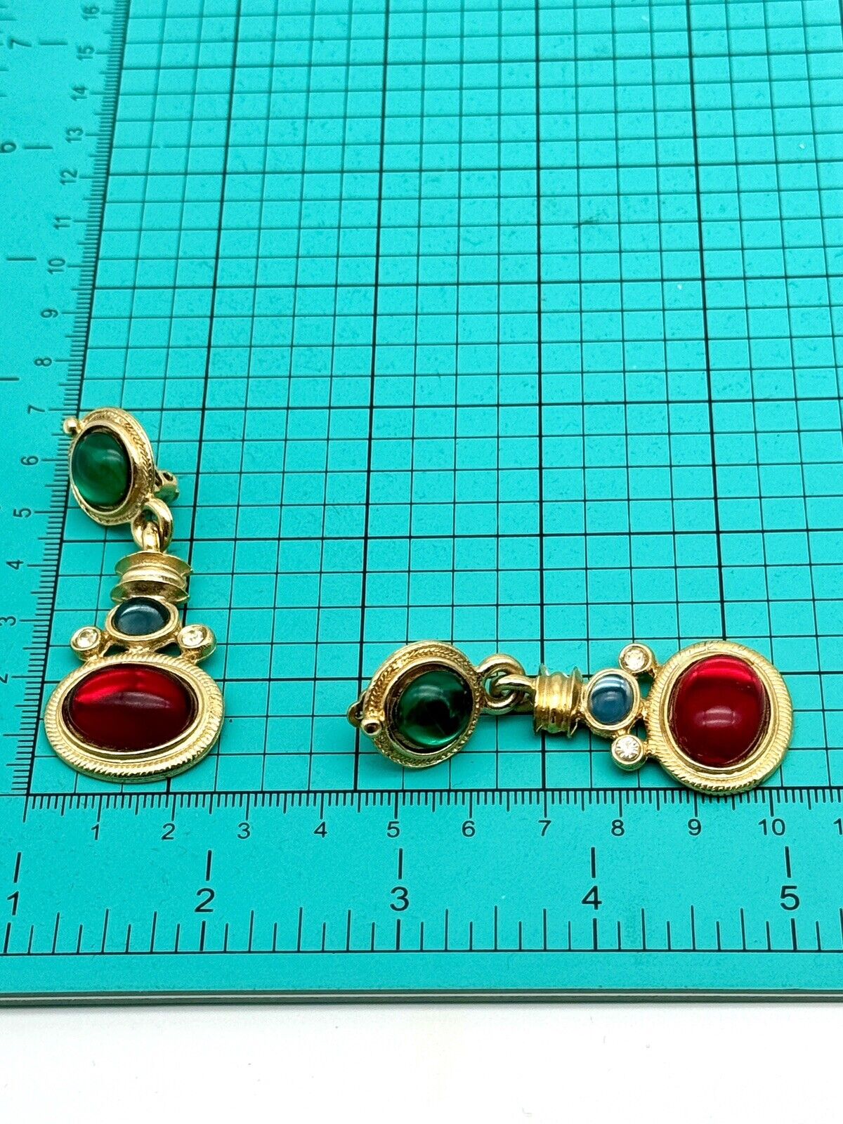 Vintage 80s Earrings Dangle Drop Goldtone Cabochon Rhinestone Green Red Blue