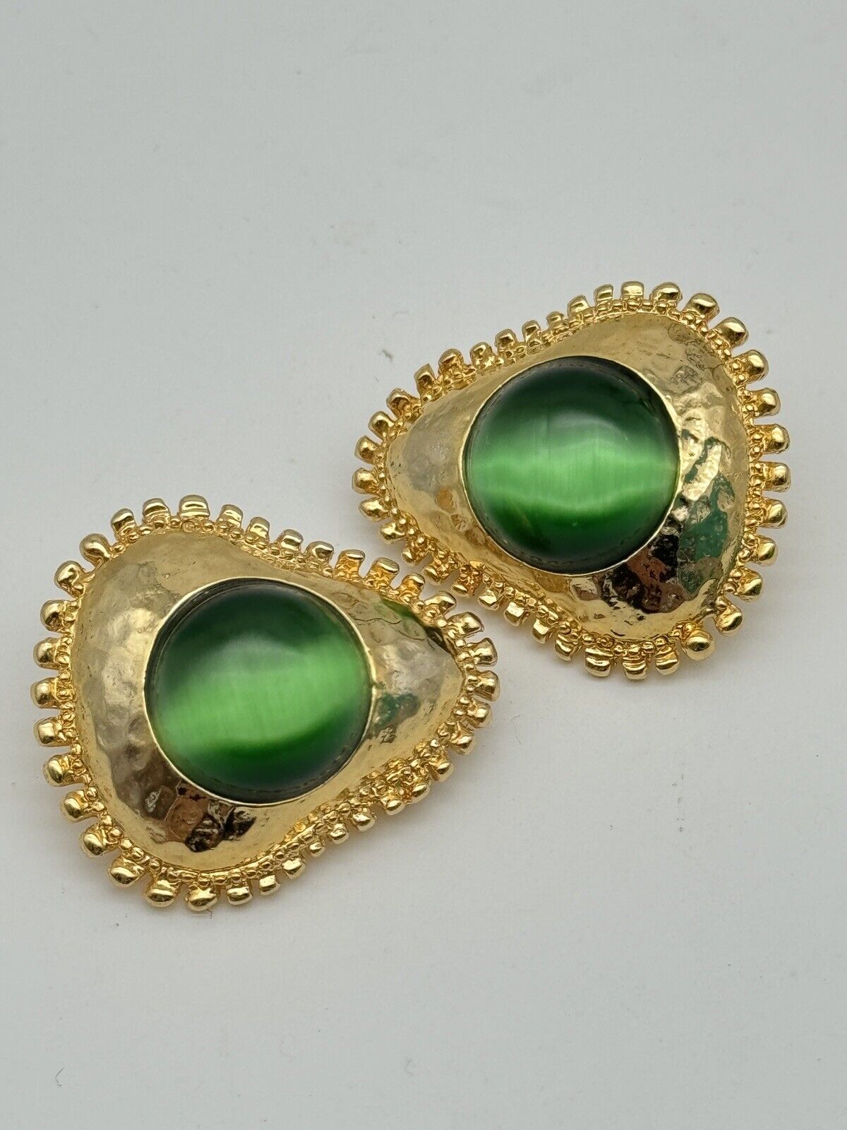 Vintage Earrings Goldtone Hammered Green Cat Eye Cabochon