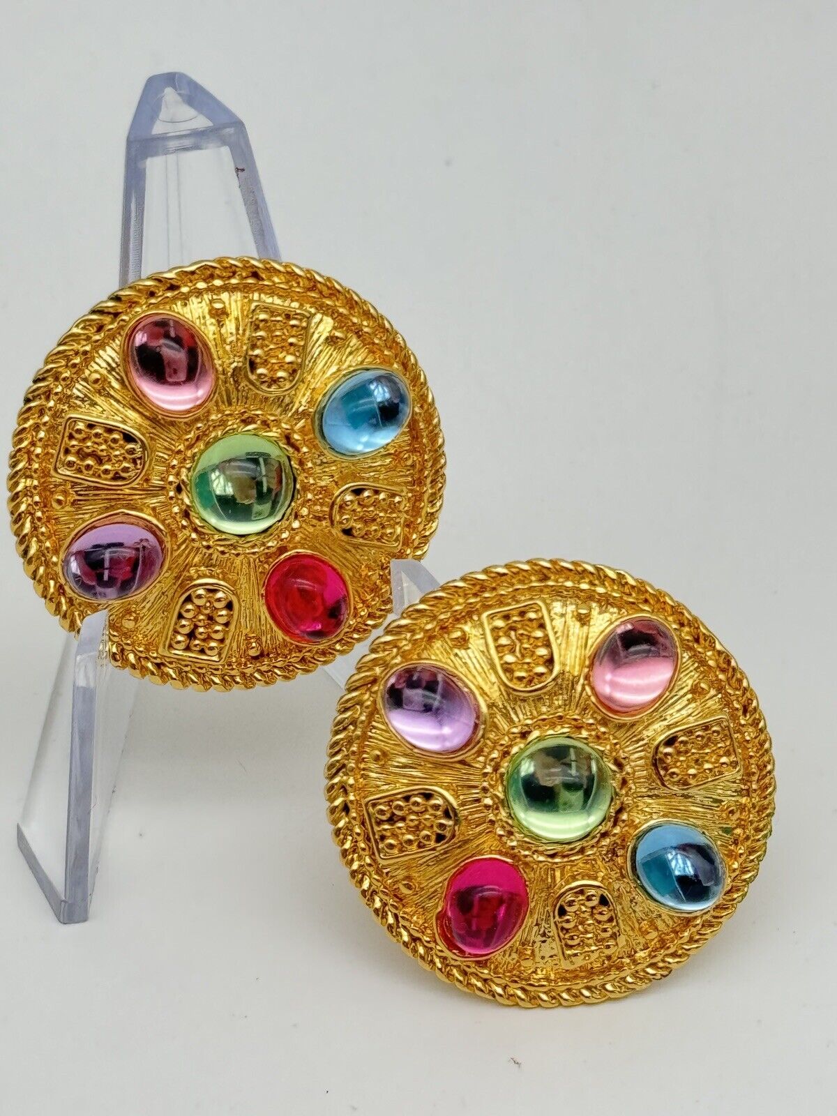 Vintage 80s Earrings Goldtone Rhinestone Coin Style Pastel Cabochon Rhinestones