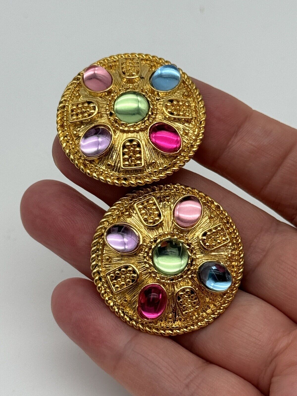 Vintage 80s Earrings Goldtone Rhinestone Coin Style Pastel Cabochon Rhinestones