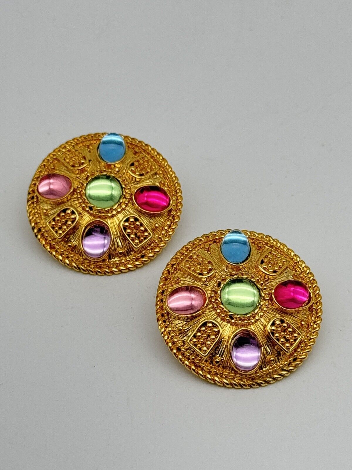 Vintage 80s Earrings Goldtone Rhinestone Coin Style Pastel Cabochon Rhinestones