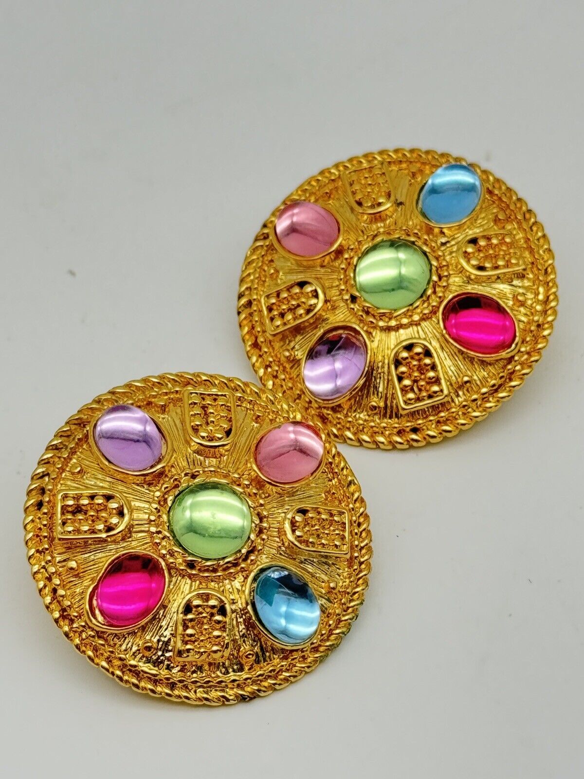 Vintage 80s Earrings Goldtone Rhinestone Coin Style Pastel Cabochon Rhinestones