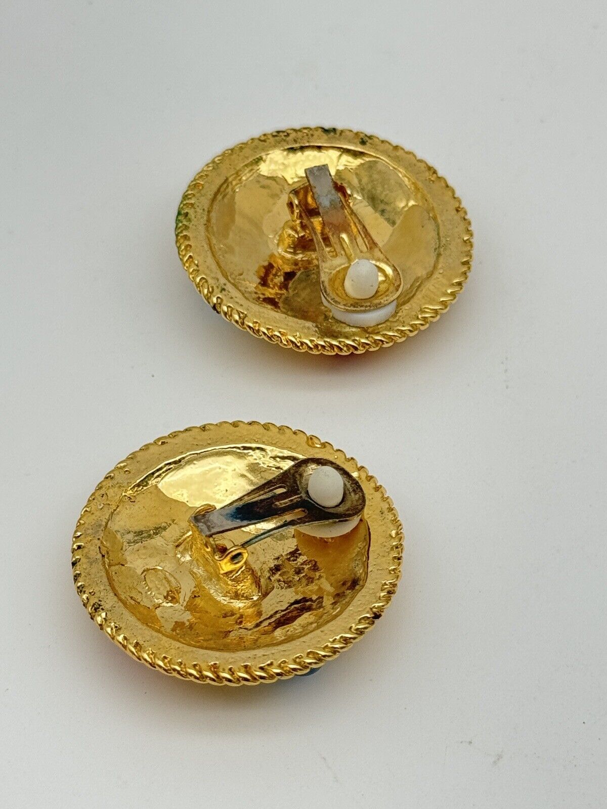 Vintage 80s Earrings Goldtone Rhinestone Coin Style Pastel Cabochon Rhinestones