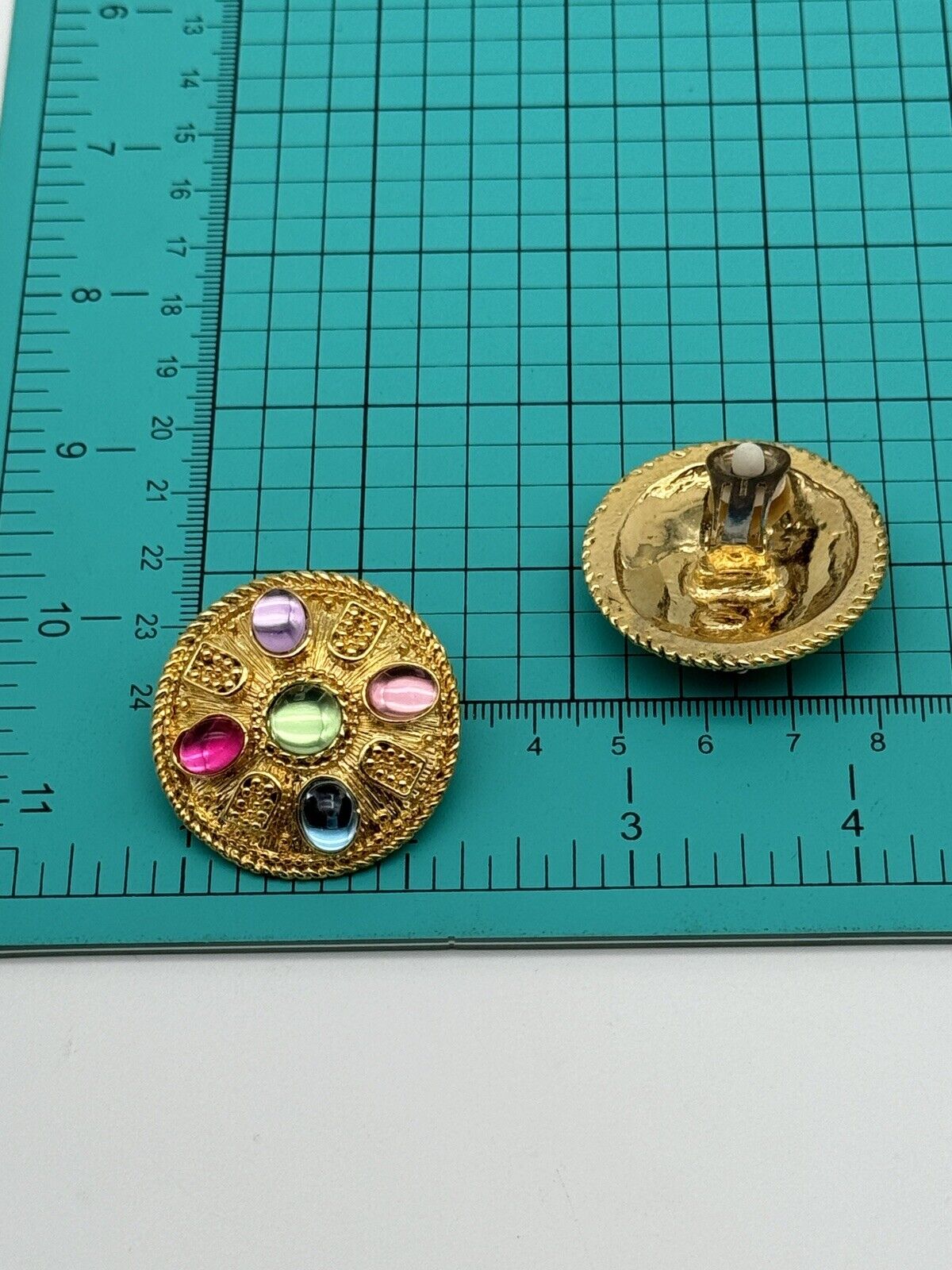 Vintage 80s Earrings Goldtone Rhinestone Coin Style Pastel Cabochon Rhinestones