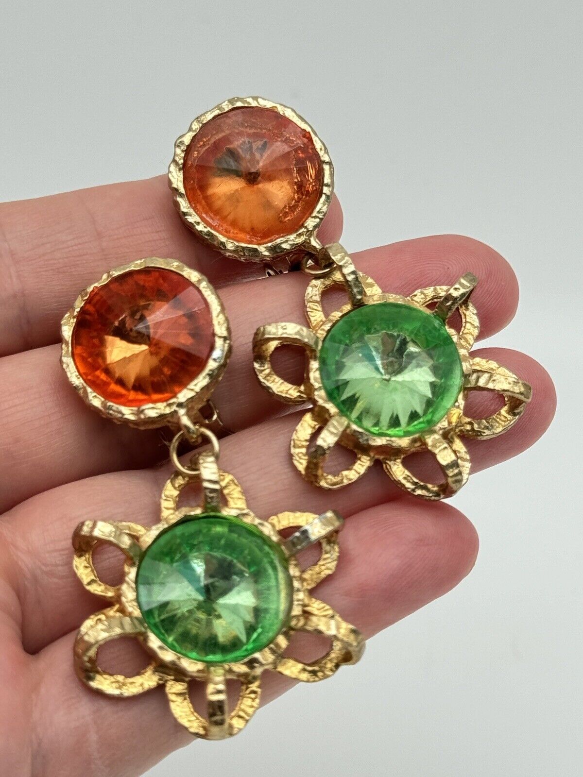 Vintage 80s Dangler Statement Earrings Goldtone Green Orange