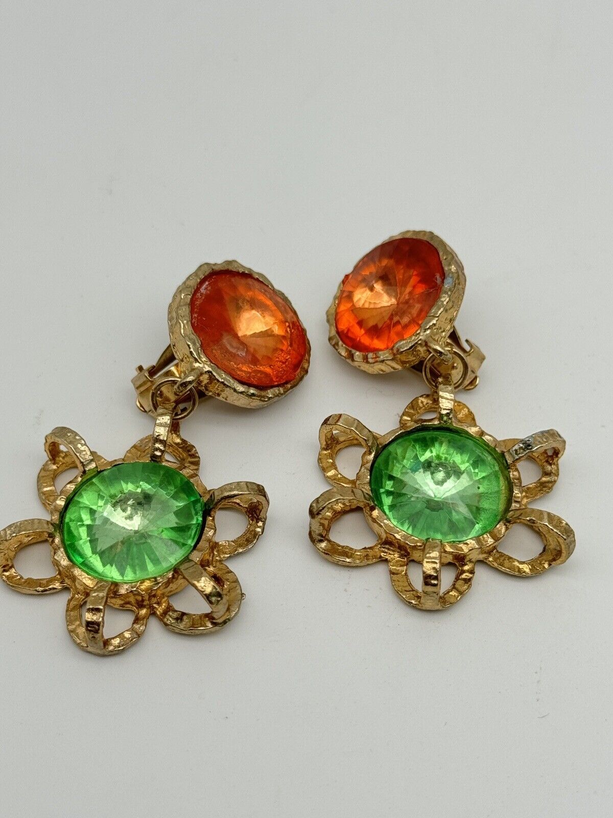 Vintage 80s Dangler Statement Earrings Goldtone Green Orange