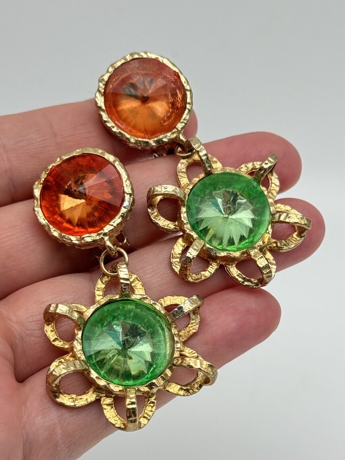 Vintage 80s Dangler Statement Earrings Goldtone Green Orange