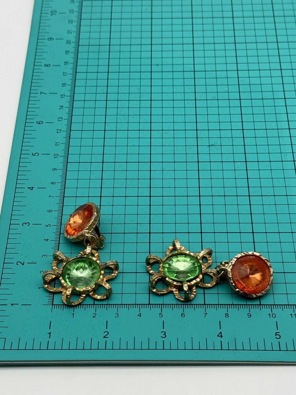 Vintage 80s Dangler Statement Earrings Goldtone Green Orange