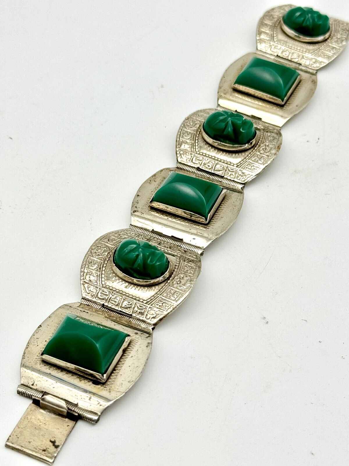 Vintage Taxco 925 Sterling 6 Link Mask Panel Bracelet Green Stone